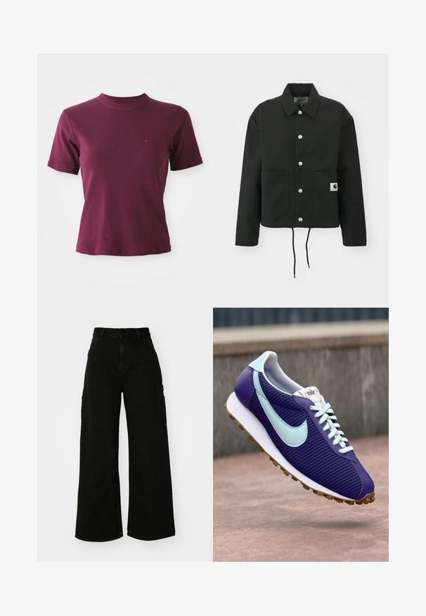 Zwarte cropped jas gemaakt van duurzaam materiaal. Heeft een klassieke kraag, zilveren drukknoopsluitingen, twee voorzakken en een verstelbare trekkoordzoom.; Korte mouwen geribde bordeauxrode T-shirt met ronde hals en subtiele geborduurde logo op de linkerborst.; Zwarte wijde cargobroek van denim, met een hoge taille, sluiting met een knop aan de voorkant en zijzakken. Gladde textuur met minimale stiksels.; Paarse Nike sneaker met lichtblauwe swoosh, witte veters en gumrubberen zool, weergegeven zwevend boven een betonnen oppervlak buitenshuis.