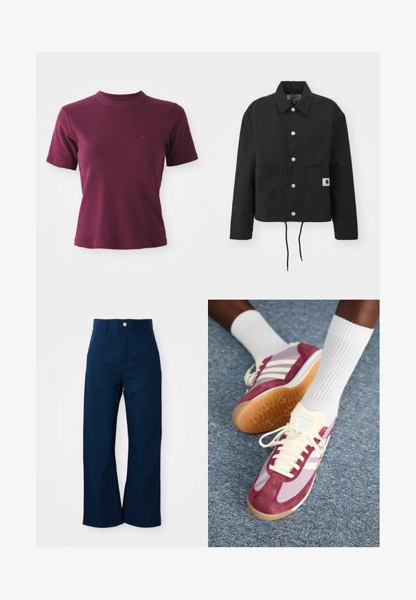 Black cropped jacket made of durable fabric. Features a classic collar, silver snap buttons, two front pockets, and adjustable drawstring hem.; Short-sleeve ribbed burgundy T-shirt with crew neck and subtle embroidered logo on the left chest.; Navy blue wide-leg trousers made of sturdy fabric, featuring a front button closure and four pockets with a smooth texture.; Sneakers featuring a maroon suede and light purple design, with three white stripes, cream laces, and a textured yellow tongue. Rubber sole.