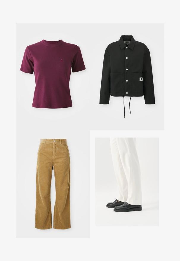 Svart, kort jakke laget av slitesterkt stoff. Har en klassisk krage, sølvfargede trykknapper, to framlommer og justerbar snor i nederkant.; Kortermet ribbet burgunder T-skjorte med rund hals og subtilt brodert logo på venstre bryst.; Sævpants med bred ben i lysebrun, med en strukturert ribbet mønster, fem lommer og en knappfeste i livet.; Sorte lærloafers med en glat tekstur, syningdetaljer og en rund tå, parret med hvide skræddersyede bukser.