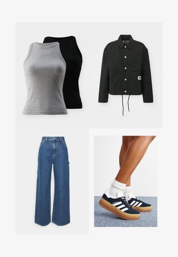 Crna skraćena jakna od izdržljivog materijala. Ima klasični ovratnik, srebrne dugmadi s kopčama, dva prednja džepa i podesivu vezicu na rubu.; Dva bezrukavnog rebraastog majice u sivoj i crnoj boji. Imaju zaobljeni izrez i prilagođen siluetu, napravljene su od meke pamučne mješavine.; Široke plave traperice s visokim strukom, kontrastnim šavovima i bočnim džepovima, s klasičnim dizajnom s pet džepova i sirovim rubovima.; Crne tenisice od brušene kože s bijelim prugama i detaljima, okruglim vrhom, gumeni potplat boje gume, uparene s bijelim rebrastim čarapama.