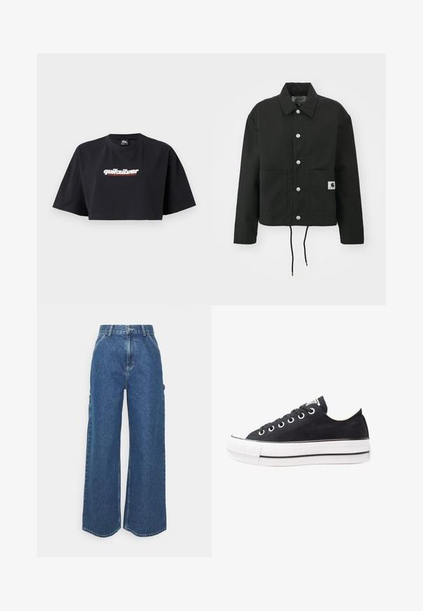 Černá zkrácená bunda vyrobená z odolné tkaniny. Obsahuje klasický límec, stříbrné cvoky, dvě přední kapsy a nastavitelné stahování v dolní části.; Černé krátké tričko, krátké rukávy, vyrobené z bavlny. Na přední straně se nachází logo "Quiksilver Boarding Company" v bílé a červené barvě.; Široké modré džíny s vysokým pasem, kontrastním šitím a postranními kapsami, které mají klasický design s pěti kapsami a rozstřižené lemy.; Černé plátěné tenisky s bílou gumovou podrážkou, kulatou špičkou, nízkým střihem, kovovými očky a texturovaným krytem špičky. Tenký černý pruh podél podrážky.