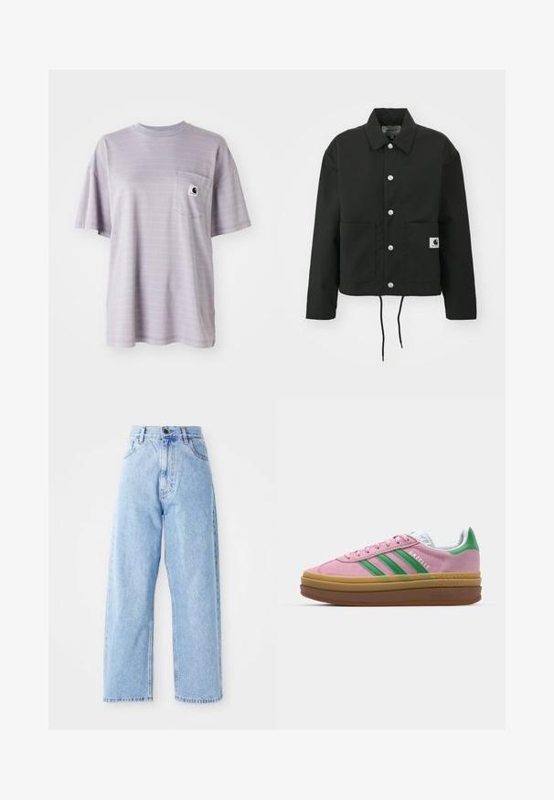 Fekete, vágott fazonú dzseki tartós anyagból. Klasszikus gallérral, ezüst színű patentgombokkal, két elülső zsebbel és állítható, húzózsinóros hemmel rendelkezik.; Világos lila, rövid ujjú póló, finom vízszintes csíkokkal és egy mellzsebbel, amelyen egy kis márka logó található. Puha pamut anyag.; Magas derekú világoskék farmernadrág egyenes széles lábakkal, elülső gombbal, cipzáros záródással, valamint elülső és hátsó zsebekkel.; Rózsaszín zamákból készült sportcipő zöld csíkokkal, fehér díszítéssel és barna gumi talppal. Texturált anyaggal és logóval ellátott részletekkel az oldalon.