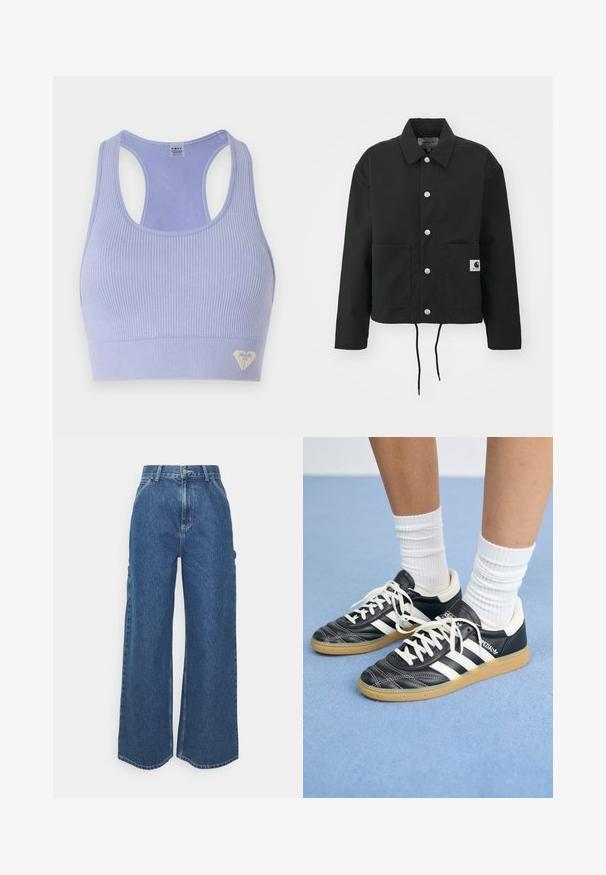 Czarna krótka kurtka wykonana z trwałego materiału. Posiada klasyczny kołnierz, srebrne napy, dwie kieszenie z przodu oraz regulowany dół ze sznurkiem.; Jasnofioletowy sportowy biustonosz z prążkowanej tkaniny, o dekolcie w serek i plecach w stylu racerback, z małym logo serduszka w dolnym rogu.; Szerokie niebieskie dżinsowe spodnie z wysokim stanem, kontrastowymi szwami i bocznymi kieszeniami, z klasycznym pięciokieszeniowym wzorem i surowymi brzegami.; Czarne skórzane sneakersy z białymi paskami, okrągły czubek, białe sznurowadła i gumowa podeszwa. Podkreślone wyściełanym kołnierzem i detalami z logo.