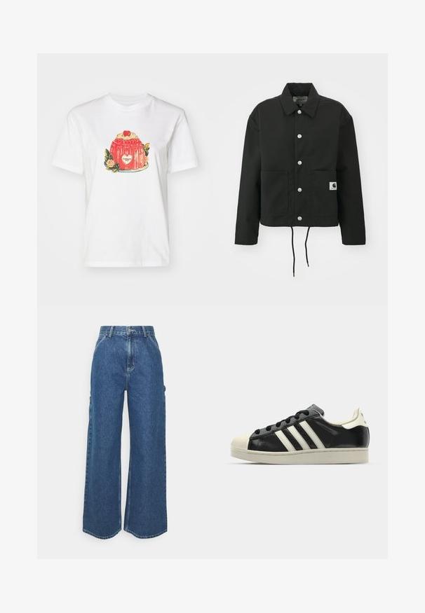 Sort cropped jakke lavet af slidstærkt stof. Har en klassisk krave, sølvfarvede trykknapper, to frontlommer og justerbar snoretræk i nederste kant.; Hvid bomulds T-shirt med en farverig illustration af en dessert med et kirsebær på toppen og blomsterudsmykninger, centreret på forsiden.; Bredde ben blå denimbukser med høj talje, kontrastsyede sømme og sidelommer, med et klassisk fem-lomme design og rå kanter.; Sort lædersneakers med hvide striber, gummitåkap, sorte snørebånd og en cremefarvet ydersål. Glat tekstur med blank overflade.