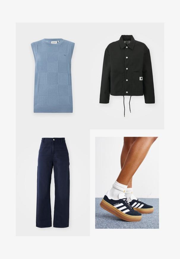 Black cropped jacket made of durable fabric. Features a classic collar, silver snap buttons, two front pockets, and adjustable drawstring hem.; Light blue sleeveless sweater with a textured check pattern, ribbed neckline and hem, made from soft knit material. Minimal logo detail.; Navy blue wide-leg cargo pants with a sturdy cotton fabric, featuring side pockets and a button closure at the waist.; Black suede sneakers with white stripes and accents, rounded toe, gum rubber outsole, paired with white ribbed crew socks.