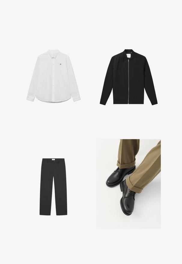 Juodas bombonešis, pagamintas iš lygaus audinio, su užtrauktuku priekyje, apvaliu apykakle ir dviem šoninėmis kišenėmis, ant krūtinės turi minimalų logotipą.; Les Deux OXFORD - Marškiniai - white; Juodi kelniai, pagaminti iš lengvo audinio. Ypatybės: tiesių kojų dizainas su plokščiu priekiu, šoniniais kišeniais ir diskretus juosmuo.; Juodi odiniai bateliai su lygia apdaila, turintys raištelius ir apvalų pirštą, derinami su sukrautais chaki kelnais.