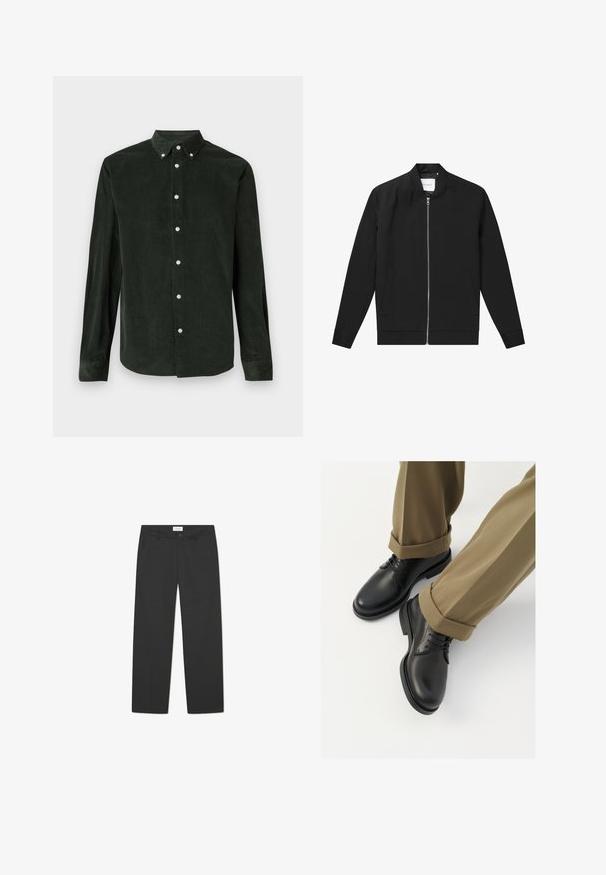 Jaqueta bomber preta feita de tecido liso, com fecho de correr à frente, colarinho redondo e dois bolsos laterais, apresentando um logótipo minimalista no peito.; Camisa de botão de manga longa em veludo cotelê verde escuro com colarinho abotoado em fundo branco.; Calças pretas feitas de tecido leve. Apresentam um design de perna reta com frente lisa, bolsos laterais e um cós discreto.; Sapatos de pele preta com um acabamento liso, com atacadores e bico arredondado, combinados com calças cáqui arregaçadas.