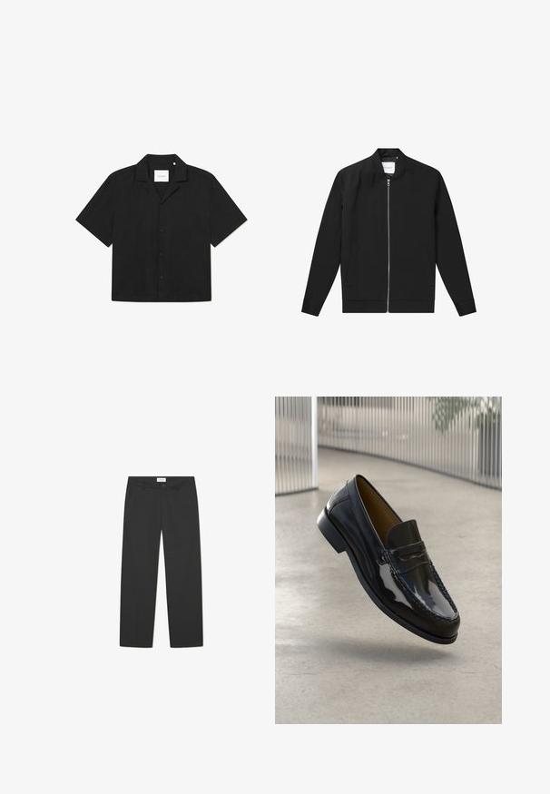 Črn bombnik iz gladkega materiala, s sprednjim zadrgo, okroglim ovratnikom in dvema stranskima žepoma, z minimalnim logotipom na prsih.; Črna kratkotrajna majica z gumbom, ravnim ovratnikom, gladko teksturo in subtilnim vzorcem na tkanini, z oznako "LES DEUX" znotraj.; Črne hlače iz lahkega materiala. Imajo ravno nogavico, ravno sprednjo stran, stranske žepe in diskretno pasovi.; Črne lakirane loafer čevlje z nežno šivano dekoracijo, okroglo konico, nizko peto in gladko površino, prikazane na nevtralni podlagi.