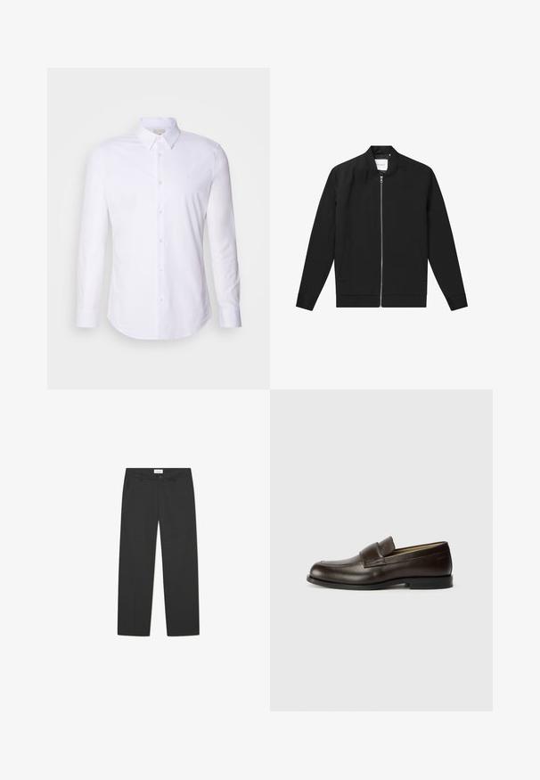 Fekete bomber dzseki sima anyagból, cipzáras elől, kerek nyakkal és két oldalsó zsebbel, minimális logóval a mellkason.; Fehér, hosszú ujjú gombos ing sima anyagból, klasszikus gallérral, elülső gombokkal és diszkrét logóval a mellkason.; Fekete, könnyű anyagból készült nadrág. Egyenes lábakezeléssel, sima elülső résszel, oldalsó zsebekkel és diszkrét derékrésszel rendelkezik.; Calvin Klein Belebújós cipők - cocoa brown
