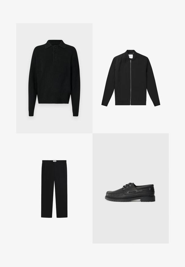 Svart bomberjacka i slät tyg, med dragkedja fram, rund krage och två sidofickor, samt en minimalistisk logotyp på bröstet.; Svart långärmad stickad tröja med krage och tre knappar på bröstet, ribbade manschetter och nederkant, visad mot en vit bakgrund.; Svarta byxor med raka ben, framfickor och knappstängning. Tillverkade av ett mjukt tyg med en slät yta.; Svart läderskofor med tjock gummisula, snörning framtill och dekorativa sidöglor på en enkel ljusgrå bakgrund.