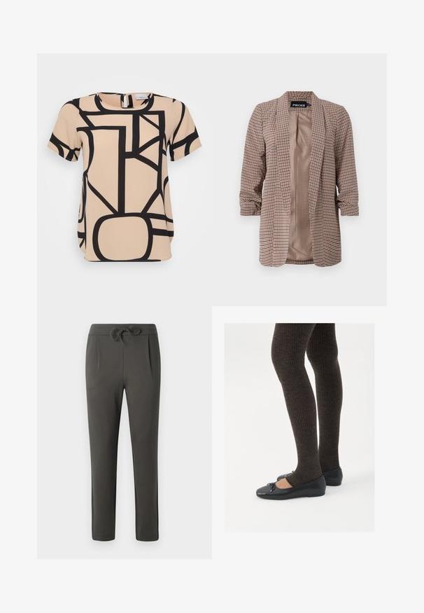 Blazer a quadri in toni marroni con una leggera fodera interna, maniche lunghe arrotolate ai polsi e taglio sartoriale.; Top beige a maniche corte con audaci motivi geometrici neri. Collo rotondo con chiusura a zip sul retro. Tessuto liscio e testurizzato.; Pantaloni grigi scuri con vita regolabile, design con gamba affusolata e parte anteriore plissettata. Realizzati in un tessuto morbido con una trama liscia.; Scarpe nere a flat con un piccolo fiocco sulla punta, abbinate a collant a coste marrone scuro. Le scarpe hanno una texture liscia e un profilo basso.