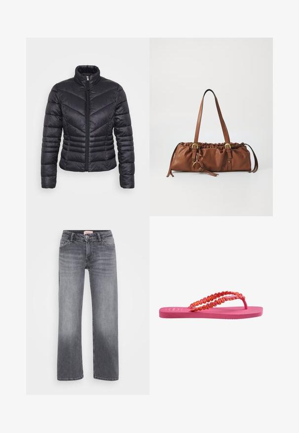 Fekete steppelt dzseki magas gallérral, cipzáras záródással, cikk-cakk mintával és karcsú fazonnal. Könnyű, fényes anyagból készült.; Even&Odd Petite 2 PACK - Felső - light grey/black; Szürke farmernadrág egyenes szárú dizájnnal, öt zsebes stílussal, enyhe kopással, és gombos derékzárral.; Rózsaszín papucs, textúrált talppal, élénk narancs és rózsaszín fonott pánttal. Lapos kialakítás, könnyű anyag.; Barna bőr kézi táska, összegyűrt tetejével, állítható pántokkal és fémszíjjakkal. Oldalán egy kerek, fonott részlettel rendelkezik.; Ez egy ezüst fülbevaló, sima felülettel, amelyen apró arany díszítőelemek találhatók. Kerek formájú és a fülcimpán viselik.