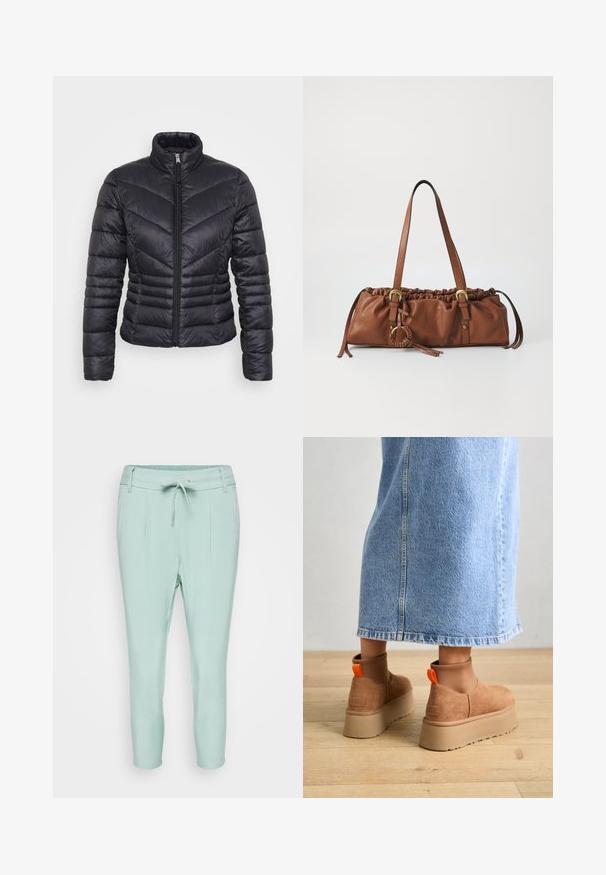 Črna puhovka z visokim ovratnikom, zadrgo, chevron prenovljenim vzorcem in oprijetim dizajnom. Narejena iz lahkega, sijočega materiala.; Even&Odd Petite 2 PACK - Top - light grey/black; Svetlo mint zelene hlače z elastičnim pasom, z vrvico za zapiranje in dvema sprednjima žepoma. Gladko blago s zožano obliko nogavice.; Rjave suede platform čizme z elastičnimi stranskimi paneli in oranžnimi zankami, v kombinaciji s svetlobno denim krilom do kolen na lesenem tleh.; Rjava usnjena torbica z nabranim vrhom, nastavljivimi trakovi in kovinskimi detajli. Ima okroglo pleteno okrasitev na strani.; Srebrna obročasta uhana s polirano površino, ki vključuje majhne zlate poudarke in okroglo obliko, nošena na ušesnem lobu.