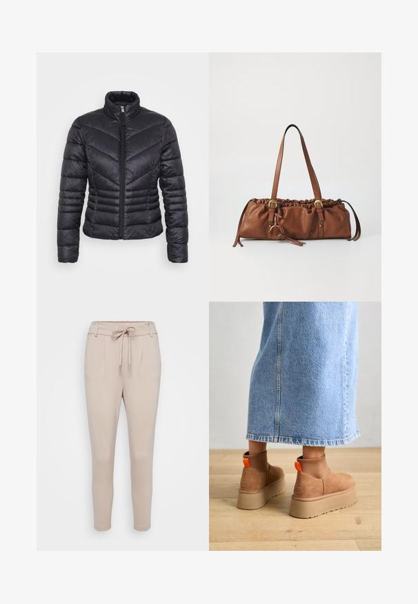 Fekete steppelt dzseki magas gallérral, cipzáras záródással, cikk-cakk mintával és karcsú fazonnal. Könnyű, fényes anyagból készült.; Even&Odd Petite 2 PACK - Felső - light grey/black; Vászon anyagból készült bézs nadrág, amely puha tapintású, húzózsinórral ellátott derékrésszel, elülső pliszékkel és keskenyített lábakkal rendelkezik. Sima textúra, nyomatlan felülettel.; Barna velúr platform csizmák elasztikus oldalsó panelekkel és narancssárga húzófülekkel, amelyek egy térdközépig érő világoskék farmer szoknyával vannak párosítva egy fás padlón.; Barna bőr kézi táska, összegyűrt tetejével, állítható pántokkal és fémszíjjakkal. Oldalán egy kerek, fonott részlettel rendelkezik.; Ez egy ezüst fülbevaló, sima felülettel, amelyen apró arany díszítőelemek találhatók. Kerek formájú és a fülcimpán viselik.