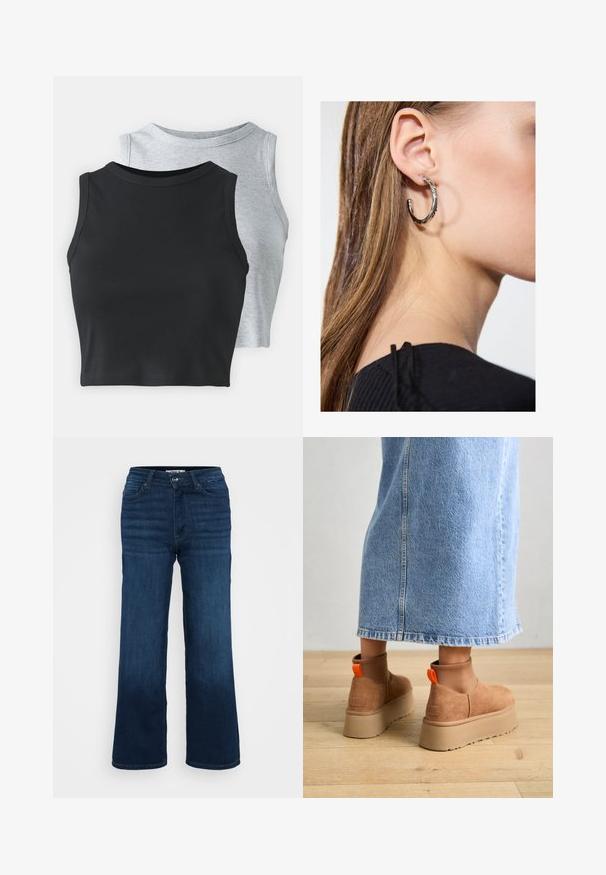 Črna puhovka z visokim ovratnikom, zadrgo, chevron prenovljenim vzorcem in oprijetim dizajnom. Narejena iz lahkega, sijočega materiala.; Even&Odd Petite 2 PACK - Top - light grey/black; ONLY Petite ONLMADISON BLUSH WIDE - Široke hlačnice - dark blue denim; Rjave suede platform čizme z elastičnimi stranskimi paneli in oranžnimi zankami, v kombinaciji s svetlobno denim krilom do kolen na lesenem tleh.; Srebrna obročasta uhana s polirano površino, ki vključuje majhne zlate poudarke in okroglo obliko, nošena na ušesnem lobu.