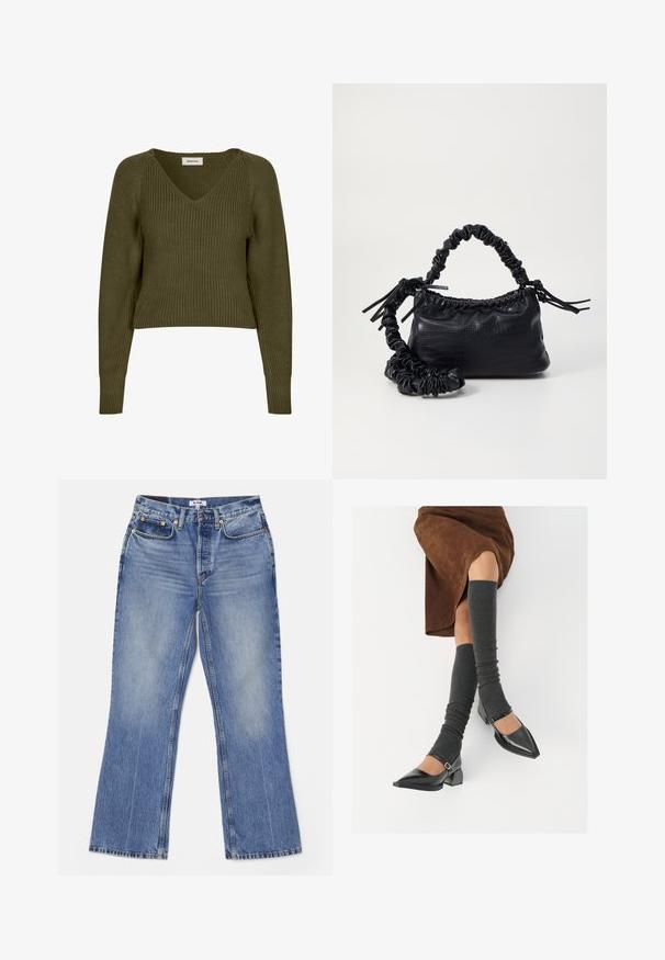 Garš, burgundijas krāsas vilnas mētelis ar izgrieztu apkakli, piecām melnām pogām un divām priekšējām kabatām. Gluda tekstūra un taisna siluets.; Olivza zaļa, īsta adīta džemperis ar V-veida kakla izgriezumu un garām piedurknēm. Raksturo ribota tekstūra un sānu šķēlumi, lai nodrošinātu brīvu piegriezumu.; RE/DONE LOOSE - Bootcut piegriezuma džinsi - hacienda; Melnas laka ādas apavi ar norādītu purngalu, blokveida papēdi un potīšu jostu, saskaņoti ar pelēkām ribotām kāju sildītājām un brūnu zamšādas svārku.; Melnā mākslīgās ādas rokassoma ar krokodila rakstu, savilkta augšdaļa un saburzīta siksna. Izskatās mīksta un kompakta pēc dizaina.