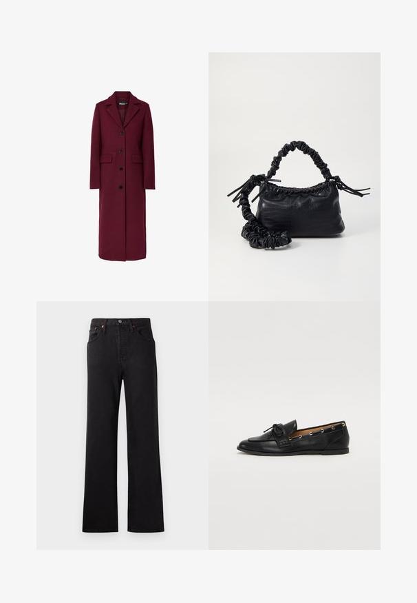 Hosszú, bordó színű gyapjúkabát bevágott gallérral, öt fekete gombbal és két első zsebbel. Sima textúra és egyenes sziluett.; Olíva zöld, hosszú ujjú, gombos blúz hegyes gallérral és enyhén fényes, texturált anyaggal, sima háttér előtt.; Magas derekú fekete farmernadrág, flared szabással, látható varrásokkal, öt zsebes kialakítással és rézszínű fém kiegészítőkkel.; Fekete bőr lófarok cipők, megkötött masnival, arany szemcsés díszítéssel az oldalán és lapos gumitalppal. Simaság, klasszikus dizájn.; Fekete műbőr kézi táska krokodil bőr textúrával, összehúzható tetejű és gyűrt pánttal. Lágy és kompakt dizájnúnak tűnik.