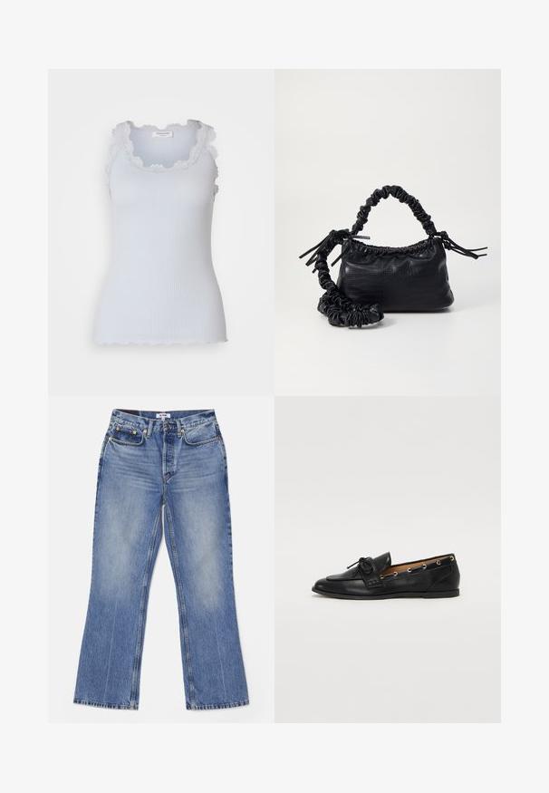 Hosszú, bordó színű gyapjúkabát bevágott gallérral, öt fekete gombbal és két első zsebbel. Sima textúra és egyenes sziluett.; Világoskék, bordázott pántos felső, fodros csipkés díszítéssel a nyakán és a karlyukakon. Testhez simuló dizájn, sima textúrával és látható záródás nélkül.; Olíva zöld, hosszú ujjú, gombos blúz hegyes gallérral és enyhén fényes, texturált anyaggal, sima háttér előtt.; RE/DONE LOOSE - Bootcut farmer - hacienda; Fekete bőr lófarok cipők, megkötött masnival, arany szemcsés díszítéssel az oldalán és lapos gumitalppal. Simaság, klasszikus dizájn.; Fekete műbőr kézi táska krokodil bőr textúrával, összehúzható tetejű és gyűrt pánttal. Lágy és kompakt dizájnúnak tűnik.