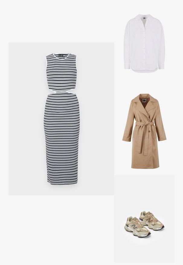 Beige shabby takki, jossa on kaksirivinen muotoilu, suuri kaulus, nauhavyö ja sivutaskut. Valmistettu sileästä, kevyestä kankaasta.; Mekko ilman hihoja, jossa on tummansininisiä ja valkoisia vaakaraitoja, leikattu vyötärödetail ja vartalonmyötäinen muoto. Pehmeä, joustava materiaali.; Pitkähiha valkoinen puuvillasointi, jossa on nappislåni etupuolella, klassinen kaulus ja pyöristetyt helmati, rento istuvuus ja ilman kuvioita.; Beige lenkkarit, joissa on verkko- ja mokkanahkamateriaaleja. Varustettu mustalla logolla ja teksturoiduilla yksityiskohdilla. Paksu valkoinen välikeen ja musta kumipohja.