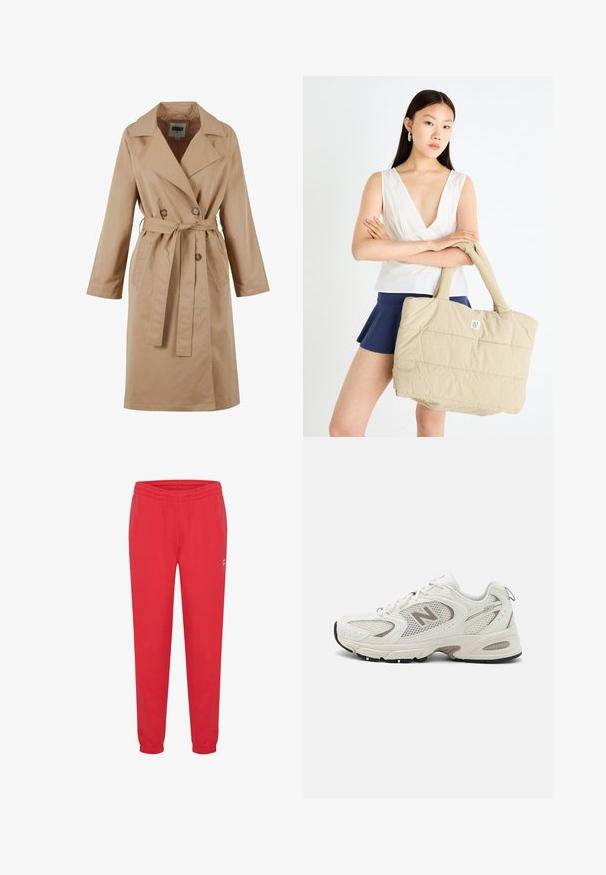 Beige trenchcoat med dobbeltbrystet design, stor krave, bælte og sidelommer. Fremstillet af glat, let stof.; Kort striktrøje i cremefarvet stof med høj krave, halvlynlås, elastisk kant og manchetter, glat tekstur og minimalistisk design.; Røde sweatpants lavet af blødt stof, med elastisk talje og ankelsøm, samt en liten hvid logo detalje på siden.; Hvide net sneakers til løb med grå accenter, afrundet tå, snørebåndsdesign, polstret sål og et fremtrædende "N" logo på siden.; Beige quiltet tote bag med polstret tekstur og solide håndtag, der har et lille logo på forsiden. Model iført en hvid top og marineblå nederdel.