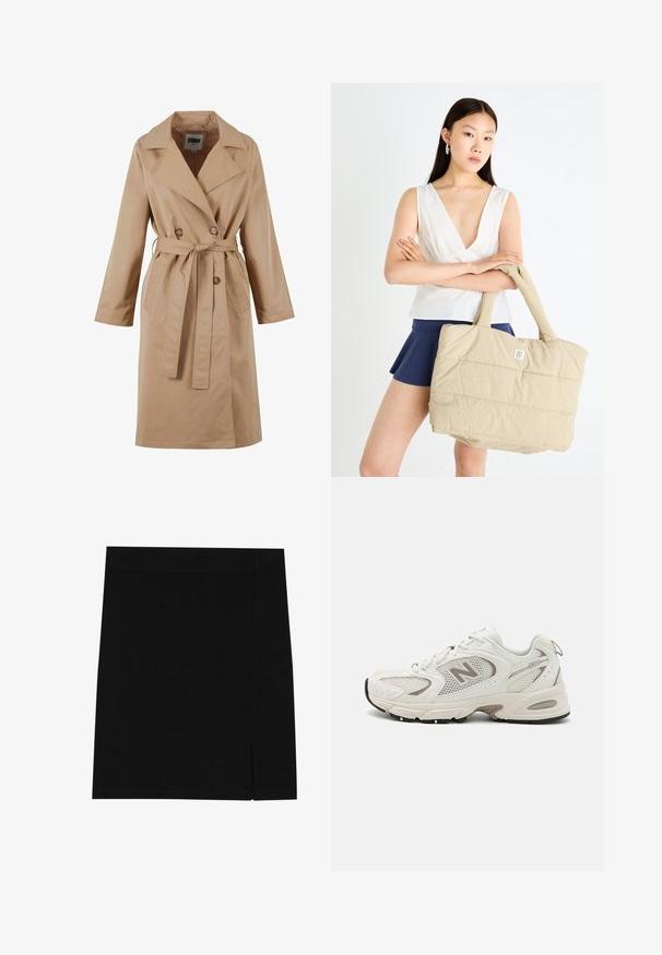 Beige trenchcoat med dobbeltradet design, stor krage, belte og sidelommer. Laget av glatt, lett stoff.; Grå hettegenser med halv glidelås i kragen, ribbestrikkede mansjetter og en liten brodert logo på brystet. Mykt bomullsblandet stoff.; Svart mini skjørt laget av mykt stoff med en tettsittende design, med en liten slisse på siden for ekstra detaljer.; Hvit mesh løpesko med grå detaljer, avrundet tå, snøring, polstret såle, og en fremtredende "N"-logo på siden.; Beige quiltet totebag med polstret tekstur og robuste håndtak, med en liten logo på fronten. Modell iført en hvit topp og marineblå skjørt.