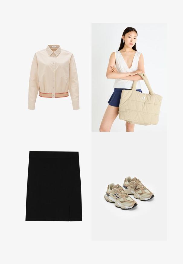 Beige Trenchcoat mit einem doppelt geknöpften Design, großem Kragen, Bindegürtel und Seitentaschen. Hergestellt aus glattem, leichtem Stoff.; Helles beige Cropped-Shirt aus Baumwolle mit einem klassischen Kragen, Vorderknöpfen, einer Brusttasche und einem kontrastierenden rot-beigen gestreiften Saum.; Schwarzer Minirock aus weichem Stoff mit figurbetontem Design, ausgestattet mit einem leichten Schlitz an der Seite für zusätzlichen Details.; Beige Sneaker aus Mesh- und Wildledermaterialien. Mit einem schwarzen Logo und strukturierten Akzenten. Dicke weiße Zwischensohle und schwarze Gummisohle.; Beige Stepp-Tasche mit gepolstertem Textur und stabilen Griffen, mit einem kleinen Logo auf der Vorderseite. Modell trägt ein weißes Oberteil und einen marineblauen Rock.