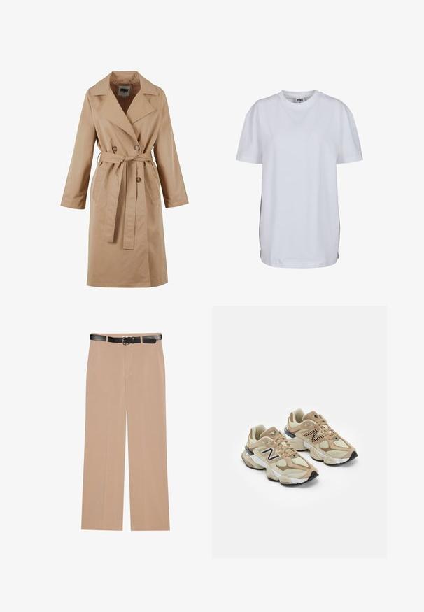 Bež plašč s dvojno zapenjanjem, velikim ovratnikom, pasom za zavezovanje in stranskimi žepi. Narejen iz gladkega, lahkega materiala.; Bela kratkotrajna majica s kratkimi rokavi iz bombaža, ki ima okroglo ovratnico in sproščen kroj, brez vidnih vzorcev ali grafik.; Bež hlače širokih nogavica z gladko teksturo, ki imajo črn pas s srebrno zaponko in dve stranski žep.; Bež teniske z mrežastim in semiš materialom. Imajo črn logo in teksturirane detajle. Debela bela srednja podloga in črn gumijast podplat.