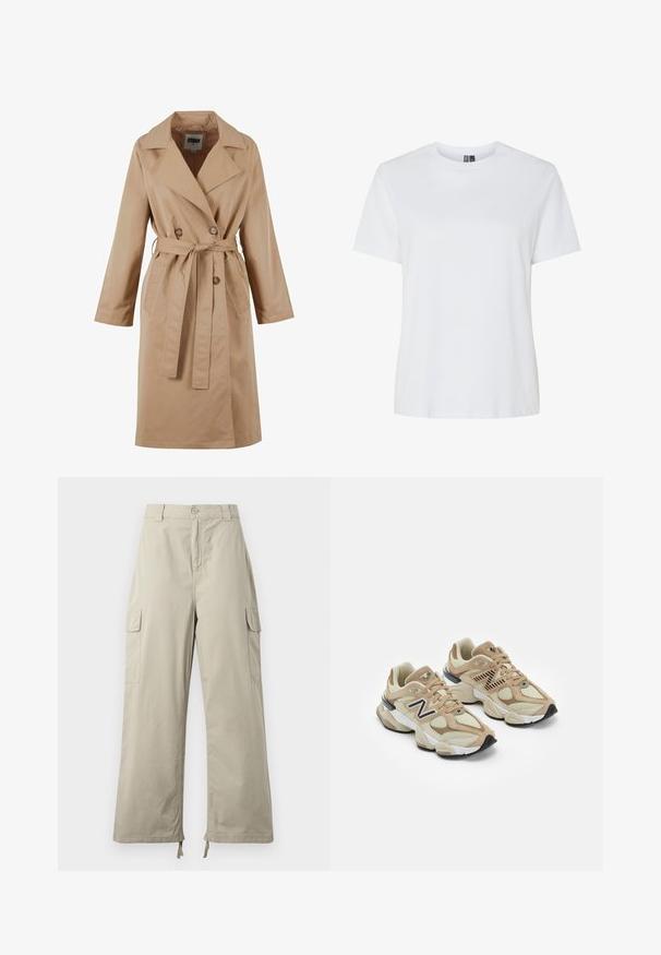 Beige trenčkot s dvouvrstvým designem, velkým límcem, páskem na zavázání a bočními kapsami. Vyroben z hladké, lehké tkaniny.; Bílá bavlněná tričko s krátkým rukávem a kulatým výstřihem. Hladká textura, volný střih a žádné viditelné vzory nebo akcenty.; Světlé béžové cargo kalhoty s uvolněným střihem, s knoflíkovým zapínáním, bočními kapsami a nastavovacími nohavicemi s tkaničkami. Hladká textilie.; Béžové tenisky vyrobené z materiálů síťoviny a semiše. Obsahují černé logo a texturované prvky. Silná bílá mezipodešev a černá gumová podrážka.