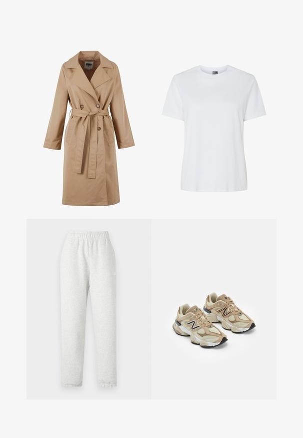 Beidzika krāsā trenažieris ar divkrūšu dizainu, lielu apkakli, jostu un sānu kabatām. Izgatavots no gluda, viegla auduma.; Balts kokvilnas T-krekls ar īsām piedurknēm un apaļu kakla izgriezumu. Gluda tekstūra, brīva piegriezte un bez redzamām rakstām vai akcentiem.; Gaiši pelēkas sporta bikses ar elastīgu jostasvietu, sašaurinātām kājām un ribotām piedurknēm. Izgatavotas no mīksta, strukturēta auduma. Balts logo uz sāna.; Beigās sporta kedas ar acu un zamša materiāliem. Iekļauj melnu logotipu un teksturētus akcentus. Resna balta starppēda un melna gumijas zole.