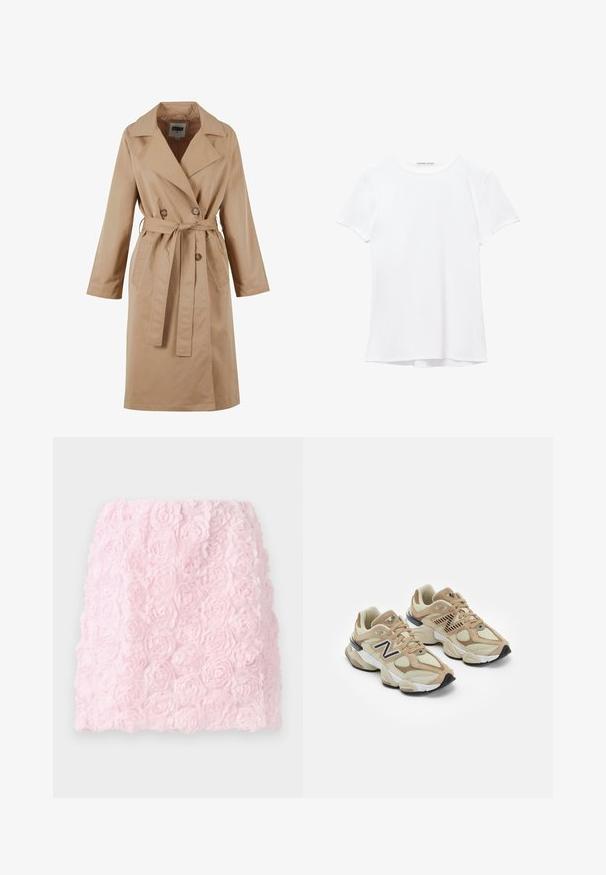 Beige színű trench coat, dupla gombolású dizájnnal, nagy gallérral, övvel és oldalsó zsebekkel. Simább, könnyű anyagból készült.; Fehér, rövid ujjú póló sima anyagból, kerek nyakkivágással és diszkrét varrási részletekkel az alján.; Rózsaszín mini szoknya texturált mintával, rétegelt szövetvirágokkal. A felülete puha és részletes, háromdimenziós virág hatást kelt.; Beige sportcipők hálós és bőrszövet anyagból. Fekete logóval és texturált részletekkel rendelkezik. Vastag fehér középtalpa és fekete gumi talpa van.
