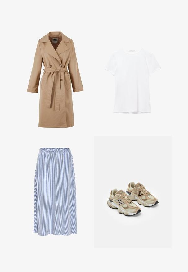 Beige shabby takki, jossa on kaksirivinen muotoilu, suuri kaulus, nauhavyö ja sivutaskut. Valmistettu sileästä, kevyestä kankaasta.; Valkoinen lyhythihainen t-paita, joka on valmistettu sileästä kankaasta, ja jossa on pyöreä pääntie sekä hillityt ompelutiedot helmassa.; Kevyt, tuulen viemä midi-hame, jossa on pystysuorat siniset ja valkoiset raidat, joustava vyötärö ja valuva muotoilu.; Beige lenkkarit, joissa on verkko- ja mokkanahkamateriaaleja. Varustettu mustalla logolla ja teksturoiduilla yksityiskohdilla. Paksu valkoinen välikeen ja musta kumipohja.