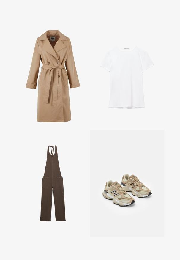 Beige színű trench coat, dupla gombolású dizájnnal, nagy gallérral, övvel és oldalsó zsebekkel. Simább, könnyű anyagból készült.; Fehér, rövid ujjú póló sima anyagból, kerek nyakkivágással és diszkrét varrási részletekkel az alján.; Barna ujjatlan, bő szabású overall, nyakba akasztható pántokkal és nagy elülső zsebekkel.; Beige sportcipők hálós és bőrszövet anyagból. Fekete logóval és texturált részletekkel rendelkezik. Vastag fehér középtalpa és fekete gumi talpa van.