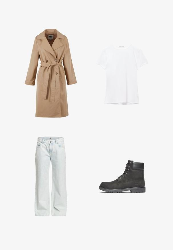 Beige trench coat with a double-breasted design, large collar, tie belt, and side pockets. Made of smooth, lightweight fabric.; White short-sleeve t-shirt made from smooth fabric, featuring a round neckline and subtle stitching details at the hem.; Light blue wide-leg jeans made of denim, featuring a button closure, five pockets, and a slight faded texture throughout.; Black leather ankle boot with round toe, lace-up front, padded collar, and textured rubber sole. Features a logo embossed on the side.