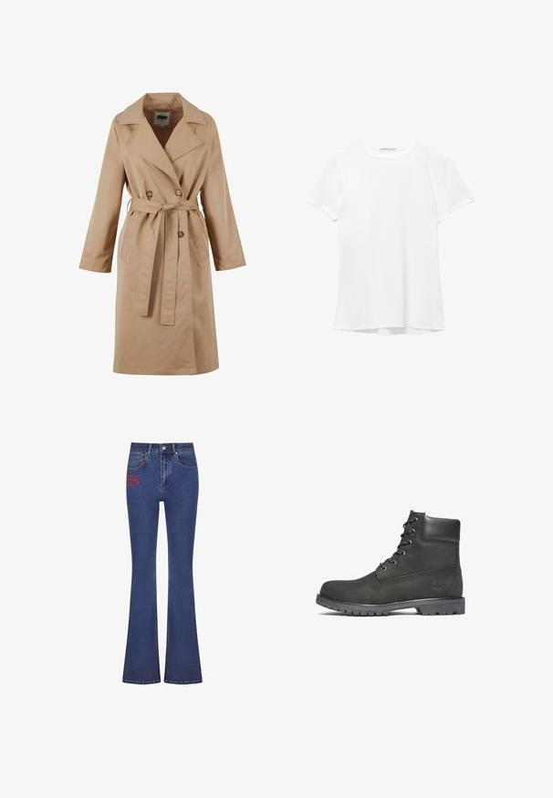 Beige trenchcoat met een dubbelgebreide ontwerp, grote kraag, strikceintuur en zijzakken. Gemaakt van een gladde, lichte stof.; Witte short-sleeve t-shirt van gladde stof, met een ronde halslijn en subtiele stiksels bij de zoom.; Donkerblauwe flare jeans met hoge taille, featuring een rode geborduurde logo op de voorkant, gemaakt van denim met een gladde textuur.; Zwarte leren enkellaars met ronde neus, vetersluiting aan de voorkant, gevoerde schacht en gestructureerde rubberen zool. Heeft een logo dat aan de zijkant is geëmbosseerd.