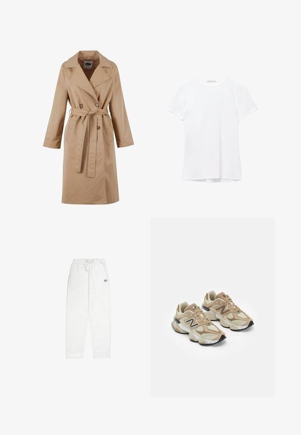 Beige trenchcoat met een dubbelgebreide ontwerp, grote kraag, strikceintuur en zijzakken. Gemaakt van een gladde, lichte stof.; Witte short-sleeve t-shirt van gladde stof, met een ronde halslijn en subtiele stiksels bij de zoom.; Lichtgrijze sweatpants van zachte stof, met een elastische tailleband met koord, zijzakken en een klein logo op de voorkant.; Beige sneakers van mesh en nubuck materialen. Bevat een zwart logo en gegrandeerde accenten. Dikke witte tussenzool en zwarte rubberen buitenzool.