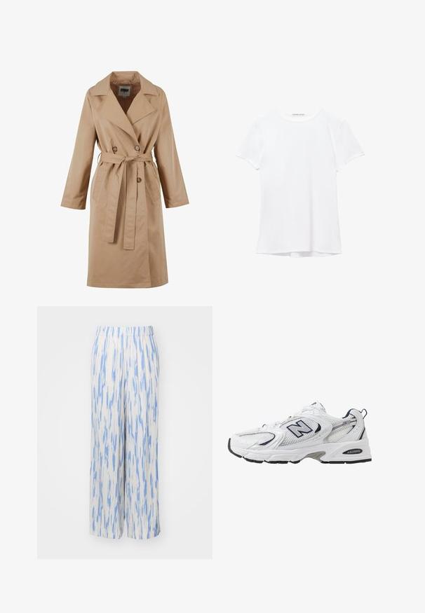 Trench coat bej cu un design cu două rânduri de nasturi, guler mare, curea cu nod și buzunare laterale. Fabricat dintr-un material neted și ușor.; Cămașă albă cu mânecă scurtă dintr-un material neted, cu guler rotund și detalii discrete de cusătură la tiv.; Pantaloni ușori, cu picioare largi, dintr-un material alb cu modele abstracte albastre. Prezintă o talie elastică pentru confort și ușurința în purtare.; Shoe sportiv alb cu parte superioară din plasă, accente bleumarin și talpă amortizată. Are logo-ul "N", șireturi și detalii texturate pe lateral.