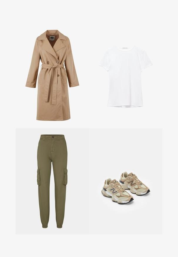 Beige Trenchcoat mit einem doppelt geknöpften Design, großem Kragen, Bindegürtel und Seitentaschen. Hergestellt aus glattem, leichtem Stoff.; Weißes T-Shirt mit kurzen Ärmeln aus glatter Stoffqualität, mit rundem Ausschnitt und dezenten Nähten am Saum.; Olivgrüne Cargo-Hosen aus weichem Stoff, mit zwei seitlichen Taschen, elastischen Bündchen und einem vorderen Knopfverschluss.; Beige Sneaker aus Mesh- und Wildledermaterialien. Mit einem schwarzen Logo und strukturierten Akzenten. Dicke weiße Zwischensohle und schwarze Gummisohle.
