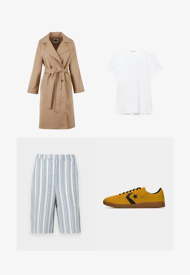 Bež plašč s dvojno zapenjanjem, velikim ovratnikom, pasom za zavezovanje in stranskimi žepi. Narejen iz gladkega, lahkega materiala.; Bela kratka majica s kratkimi rokavi iz gladkega materiala, ki ima okroglo ovratnico in subtilne šive na robu.; Lanene kratke hlače z navpičnimi modrimi in belimi črtami, običajen pas z gumbnim zapiranjem in dvema stranskima žepoma.; Nizke športne superge v gorčično rumeni zamrznjeni usnjeni izvedbi z črno zvezdo, črnimi vezalkami in rjavim podplatom, prikazane s strani na beli podlagi.