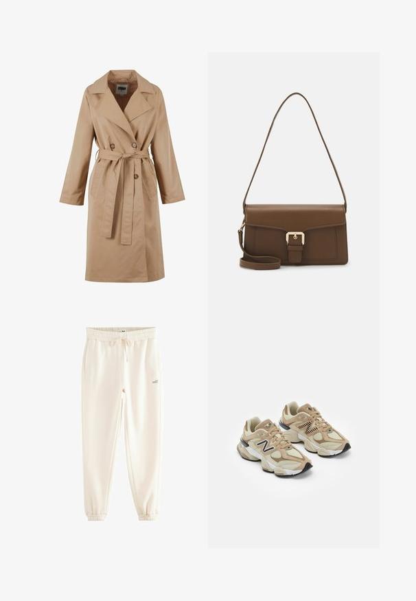 Beige trenchcoat met een dubbelgebreide ontwerp, grote kraag, strikceintuur en zijzakken. Gemaakt van een gladde, lichte stof.; Lichtbeige topje van zachte stof, met dunne verstelbare bandjes en een V-halslijn met een iets ontspannen pasvorm.; Crème-kleurige joggpants gemaakt van zachte stof, met een elastische tailleband, trekkoord, zijzakken en geribbelde boorden. "self." logo bedrukt.; Beige sneakers van mesh en nubuck materialen. Bevat een zwart logo en gegrandeerde accenten. Dikke witte tussenzool en zwarte rubberen buitenzool.; Bruine leren handtas met een rechthoekige vorm, voorzien van een klep aan de voorkant, gouden hardware en een lange, verstelbare strap.