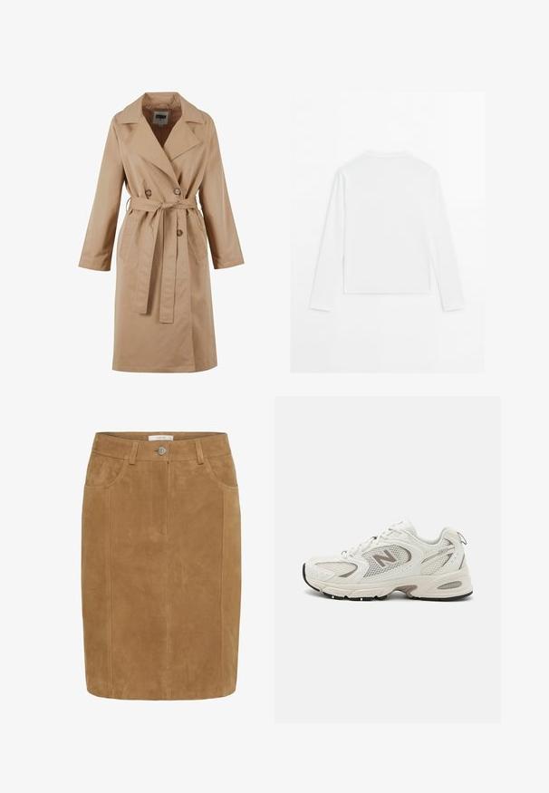 Beżowy płaszcz trench z podwójnym zapięciem, dużym kołnierzem, paskiem do związania i bocznymi kieszeniami. Wykonany z gładkiego, lekkiego materiału.; Gładka, biała, długosleeve koszula, okrągły dekolt, pokazana od tyłu, leżąca na białym tle.; Brązowa zamszowa spódnica ołówkowa o gładkiej fakturze, z przednimi kieszeniami, zapięciem na guziki i pionowymi przeszyciami.; Białe siateczkowe buty do biegania z szarymi akcentami, zaokrąglony czubek, sznurowany design, wyściółka w podeszwie oraz wyraźne logo "N" po boku.