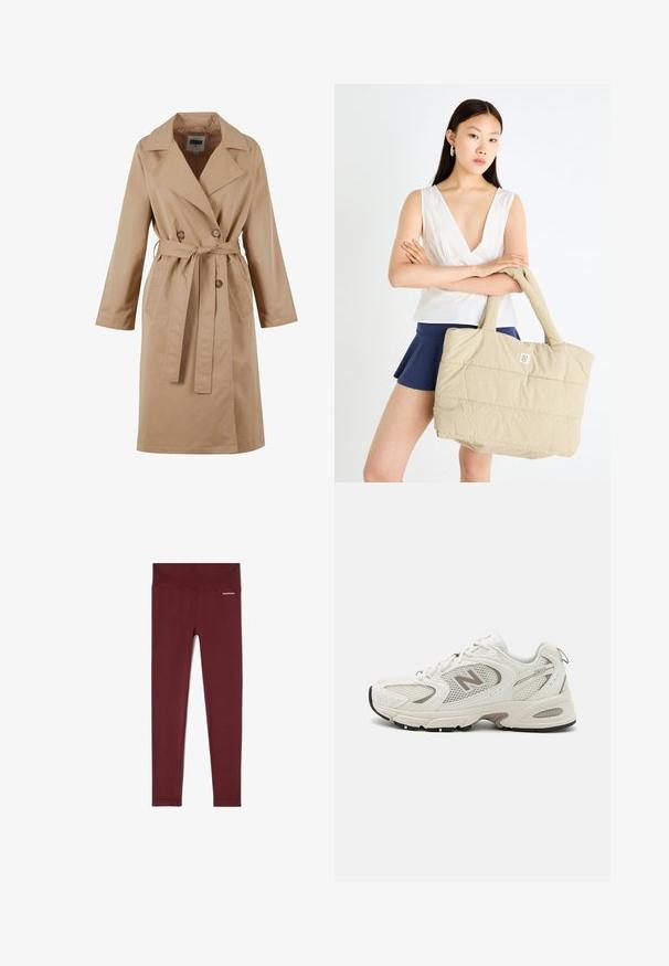Beige trenchcoat med dubbelknäppning, stor krage, bindbälte och sidfickor. Tillverkad av ett glatt, lättviktigt material.; En enkel vit långärmad skjorta med rund hals, visad bakifrån, liggande platt på en vit bakgrund.; Bordeauxfärgade ribbade leggings med en bred midja, som har ett texturerat tyg och en liten logotyp på höften för extra detalj.; Vita nätlöparskor med grå detaljer, rundad tå, snörning, dämpad sula och en framträdande "N"-logotyp på sidan.; Beige kviltad tote-väska med vadderad textur och robusta handtag, med en liten logotyp på framsidan. Modell som bär en vit topp och marinblå kjol.
