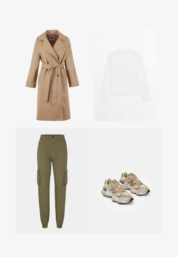 Manteau beige en trench, avec un design à double boutonnage, un grand col, une ceinture à nouer et des poches latérales. Fabriqué en tissu léger et lisse.; Chemise blanche à manches longues, col rond, vue de dos, posée à plat sur un fond blanc.; Pantalons cargo vert olive en tissu doux, dotés de deux poches latérales, de poignets élastiques et d'une fermeture par bouton à l'avant.; Baskets beiges en maille et daim. Présentent un logo noir et des accents texturés. Semelle intermédiaire blanche épaisse et semelle extérieure en caoutchouc noir.