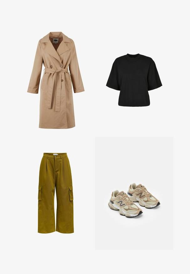 Beige Trenchcoat mit einem doppelt geknöpften Design, großem Kragen, Bindegürtel und Seitentaschen. Hergestellt aus glattem, leichtem Stoff.; Schwarzes, kurz geschnittenes T-Shirt aus Baumwolle. Hat kurze Ärmel und einen runden Halsausschnitt. Glatte Textur mit einem schlichten Design, ohne zusätzliche Muster.; Olivengrüne Cargo-Hosen mit weitem Bein, Falten und Seitentaschen. Hergestellt aus einem glatten, robusten Stoff.; Beige Sneaker aus Mesh- und Wildledermaterialien. Mit einem schwarzen Logo und strukturierten Akzenten. Dicke weiße Zwischensohle und schwarze Gummisohle.