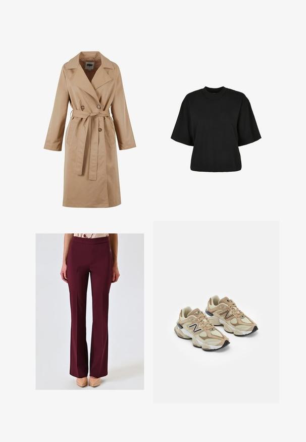 Beige trenchcoat met een dubbelgebreide ontwerp, grote kraag, strikceintuur en zijzakken. Gemaakt van een gladde, lichte stof.; Zwart cropped t-shirt van katoen. Heeft korte mouwen en een ronde halslijn. Glad materiaal met een eenvoudig ontwerp, geen extra patronen.; Bordeaux kleurige op maat gemaakte broek met een uitlopende pijp. Gemaakt van een gladde, rekbare stof. Voorzien van een hoge tailleband voor een comfortabele pasvorm.; Beige sneakers van mesh en nubuck materialen. Bevat een zwart logo en gegrandeerde accenten. Dikke witte tussenzool en zwarte rubberen buitenzool.