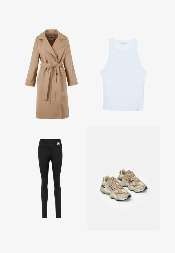Trench coat beige con design doppiopetto, grande colletto, cintura con cravatta e tasche laterali. Realizzato in tessuto liscio e leggero.; Canotta bianca, texture a coste, scollatura rotonda, design senza maniche, forma aderente, branding sottile sull'etichetta all'interno dell'area del colletto.; Leggings fitness neri con vita alta, realizzati in tessuto elasticizzato, con un piccolo logo bianco in vita. Texture liscia in tutto il capo.; Sneaker beige realizzate in materiali mesh e suede. Presentano un logo nero e dettagli testurizzati. Suola intermedia spessa bianca e suola esterna in gomma nera.
