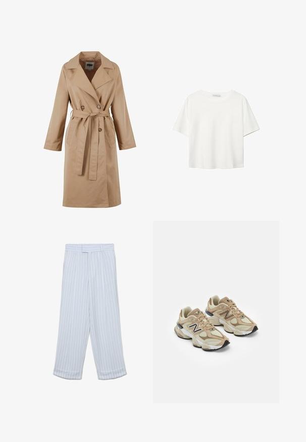 Trench coat beige con design doppiopetto, grande colletto, cintura con cravatta e tasche laterali. Realizzato in tessuto liscio e leggero.; T-shirt bianco a maniche corte realizzato in cotone. Presenta un collo tondo e una vestibilità rilassata. Texture liscia senza motivi o dettagli visibili.; Pantaloni bianchi con strisce verticali grigio chiaro, design a gamba larga, frontale piatto e orli arrotolati. Realizzati in un tessuto morbido e leggero.; Sneaker beige realizzate in materiali mesh e suede. Presentano un logo nero e dettagli testurizzati. Suola intermedia spessa bianca e suola esterna in gomma nera.