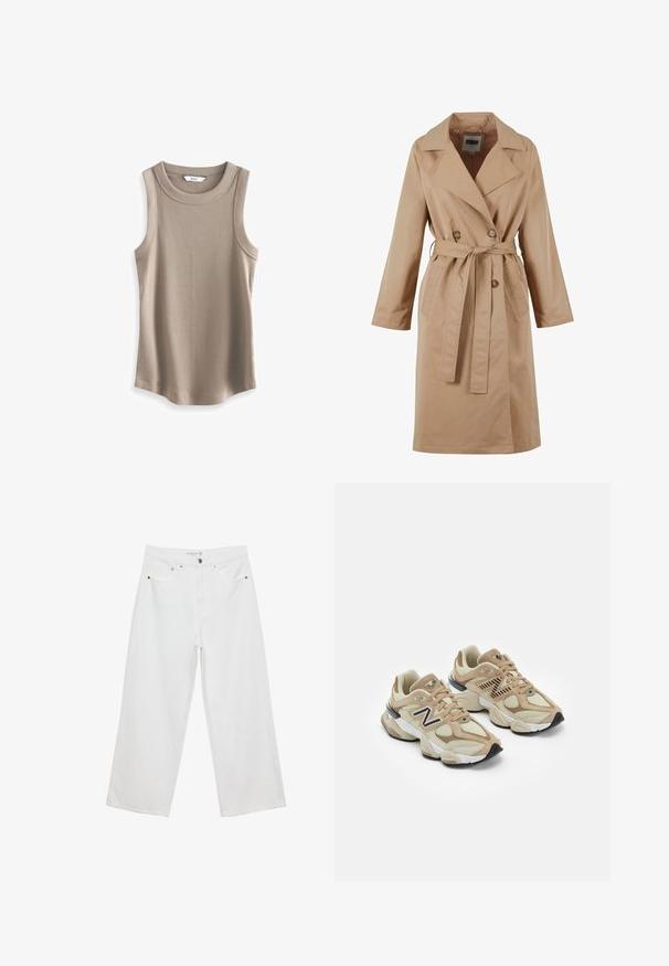 Beige trenchcoat med dubbelknäppning, stor krage, bindbälte och sidfickor. Tillverkad av ett glatt, lättviktigt material.; Next RACER STANDARD - Linne - brown; Vita vida jeans i denim med hög midja, med fem fickor och metalldetaljer. Slät textur, inga synliga mönster.; Beiga sneakers i mesh och mockamaterial. Har en svart logotyp och texturerade detaljer. Tjock vit mellansula och svart gummisula.