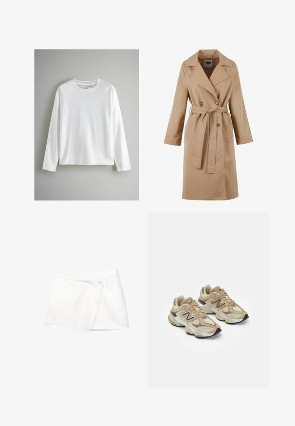 Beige trenchcoat med dubbelknäppning, stor krage, bindbälte och sidfickor. Tillverkad av ett glatt, lättviktigt material.; Vit långärmad T-shirt gjord av mjuk bomullstyg. Har rund hals och en lös passform med raka fållar.; Vit denim minikjol med omslagsdesign, som har en frontknäppning, två sidfickor och ett slätt texturerat tyg.; Beiga sneakers i mesh och mockamaterial. Har en svart logotyp och texturerade detaljer. Tjock vit mellansula och svart gummisula.