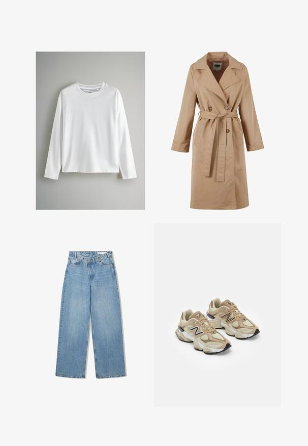 Beige színű trench coat, dupla gombolású dizájnnal, nagy gallérral, övvel és oldalsó zsebekkel. Simább, könnyű anyagból készült.; Fehér, hosszúujjú, puha pamutból készült póló. Kerek nyakrésszel és laza szabással rendelkezik, egyenes szegélyekkel.; Világoskék, bő szárú farmer nadrág, magas derékkal, öt zsebbel, gombos záródással és finom kopással a textúráért.; Beige sportcipők hálós és bőrszövet anyagból. Fekete logóval és texturált részletekkel rendelkezik. Vastag fehér középtalpa és fekete gumi talpa van.