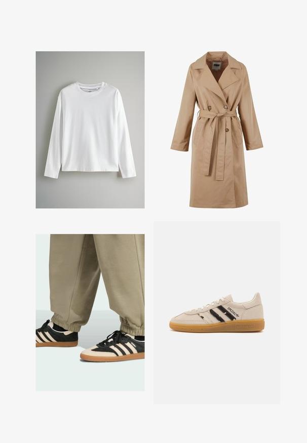 Beige trenčkot s dvojitým zapínaním, veľkým golierom, viazacím pásom a bočnými vreckami. Vyrobený z hladkej, ľahkej látky.; Biely dlhý rukáv tričko vyrobené z mäkkej bavlny. Má kruhový výstrih a voľný strih s rovnými lemami.; Čierne a krémové športové topánky s gumovými podrážkami, so srdcami tromi čiernymi prúžkami, vyrobené z nubukového a koženého materiálu, v kombinácii so šedými nohavicami.; Béžové semišové tenisky s čiernymi pruhmi a textom "Spezial", majú textúrovanú gumenú podrážku a klasický šnurovací dizajn.